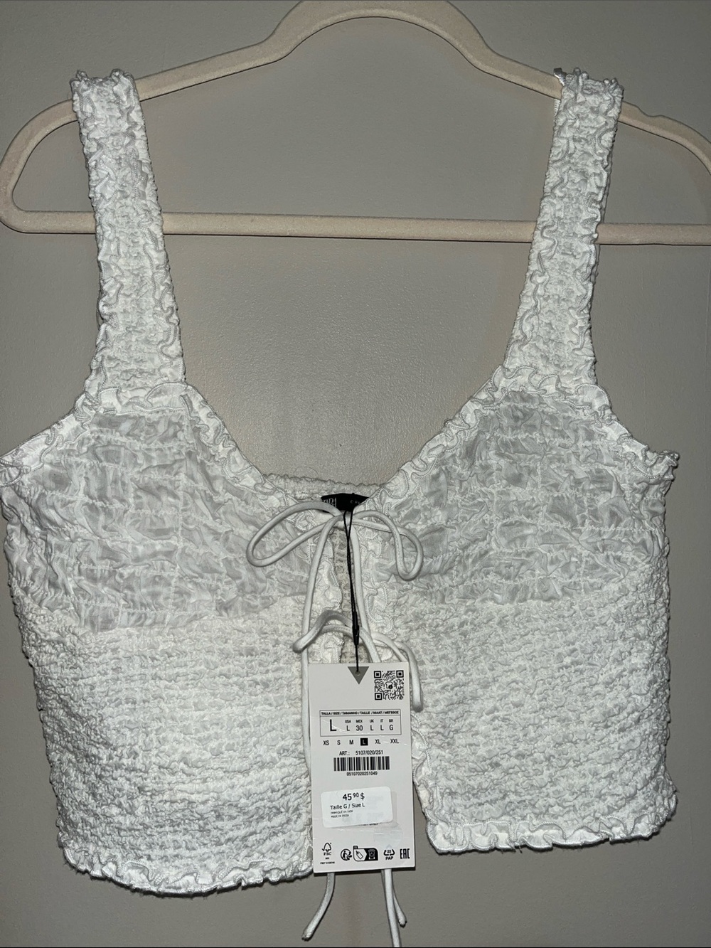 Zara White Smocked Cropped Tank Top with Tie Front